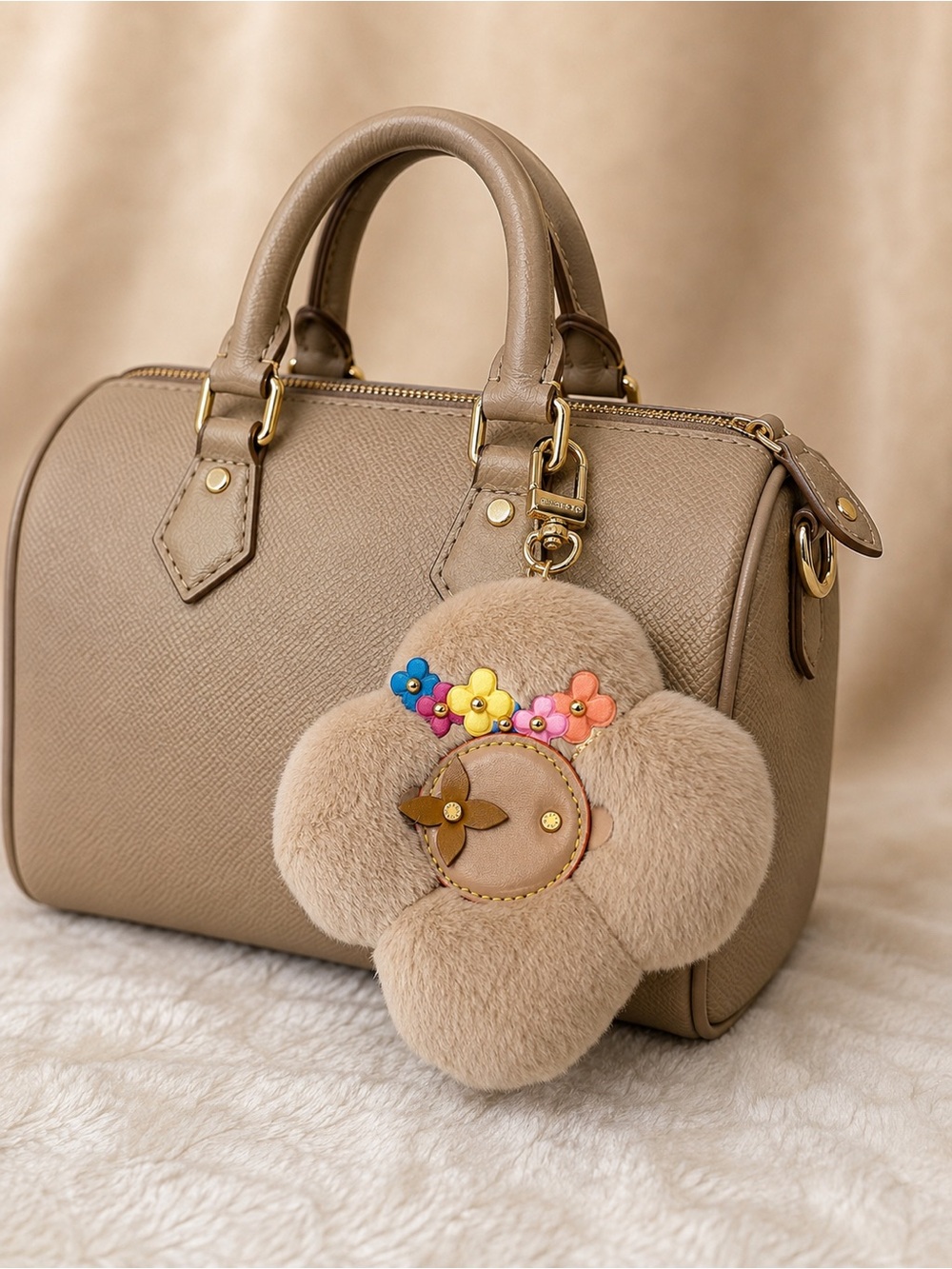 Luxury Beige Floral Fur Key & Card Holder Charm with Gold Hardware